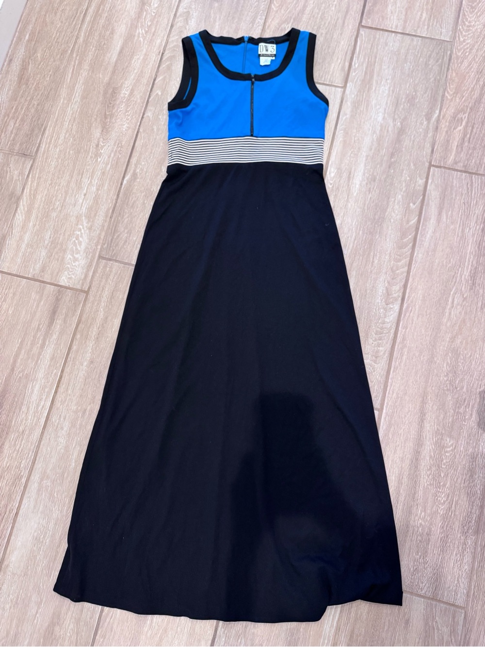 Sleeveless Blue and Black Maxi Dress with Striped Waist by DW3